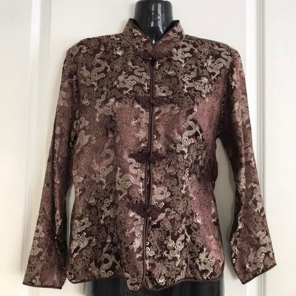 Brown Satin Cheongsam Blouse QiPao Tang Shirt Top with Gold Dragon Design - Picture 1 of 4